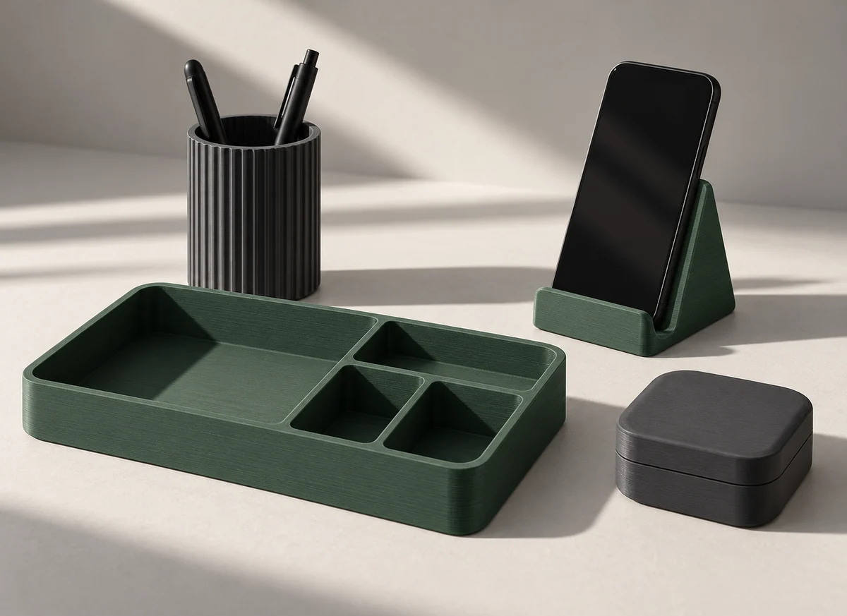 Estudo de organizadores e suporte para celular em verde e grafite